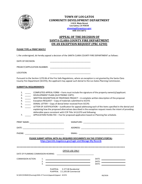 First page of the Appeal of the Decision of Santa Clara County Fire Department on an Exception Request