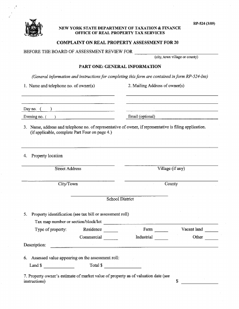 First page of the Complaint On Real Property Assessment Form