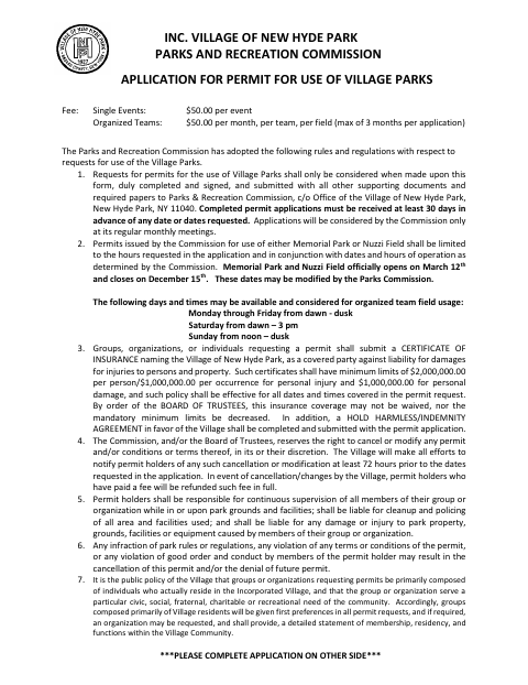 First page of the Application for Permit for Use of Village Parks