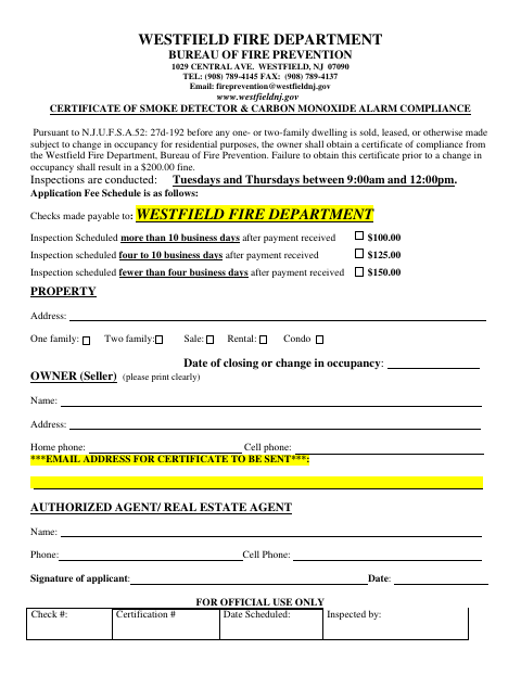 First page of the Certificate of Smoke Detector & Carbon Monoxide Alarm Compliance