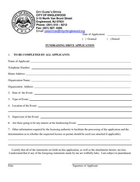 First page of the Fundraising Drive Application
