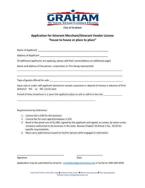 First page of the Itinerant Merchant/Vendor License Application