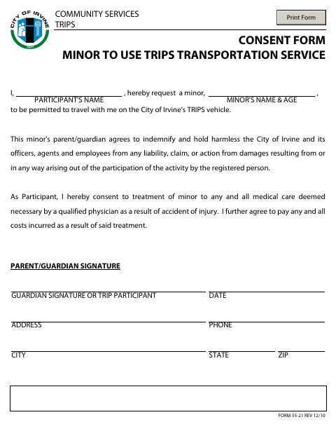 First page of the Consent Form Minor to Use TRIPS Transportation Service