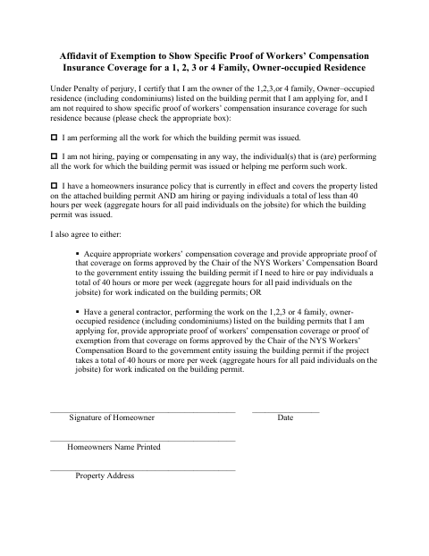 First page of the Workers’ Compensation Insurance Exemption Affidavit