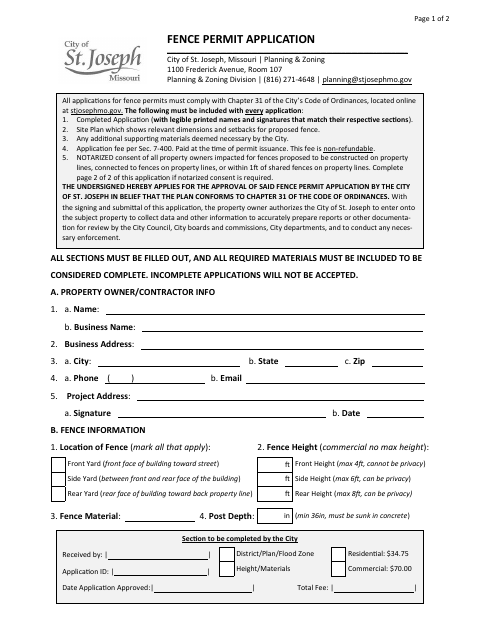 First page of the Fence Permit Application