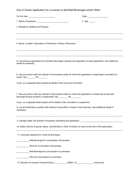 First page of the Application for License to Sell Malt Beverages and/or Wine