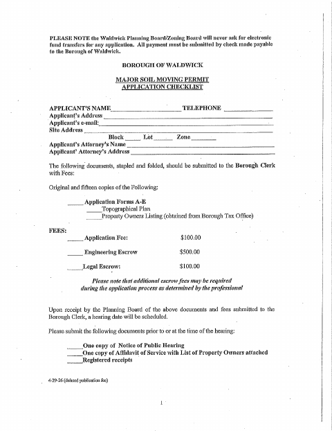First page of the Major Soil Moving Permit Application