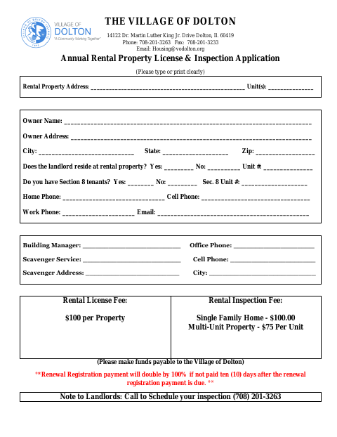 First page of the Annual Rental Property License & Inspection Application