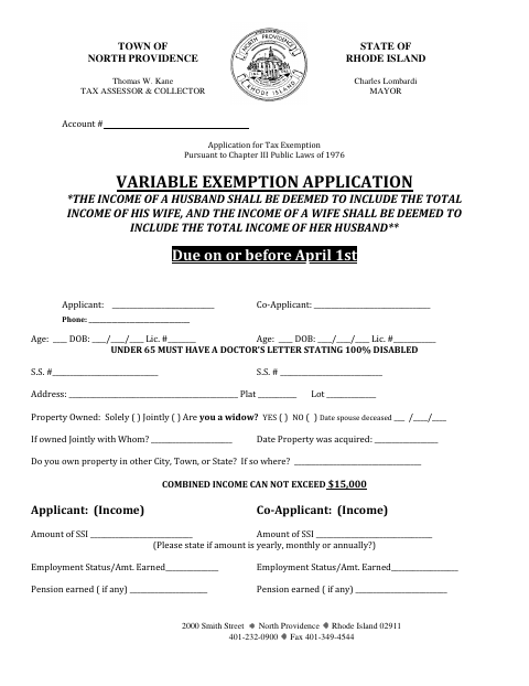 First page of the Variable Tax Exemption Application