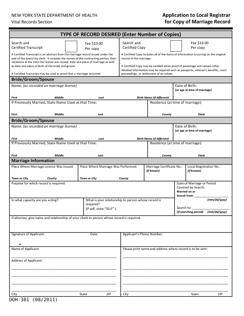 First page of the Application to Local Registrar for Copy of Marriage Record
