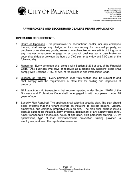 First page of the Pawnbrokers and Secondhand Dealers Permit Application