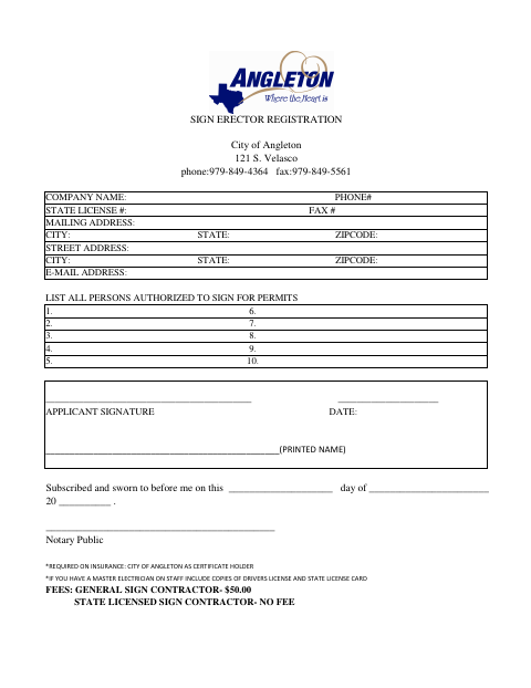 First page of the Sign Erector Registration