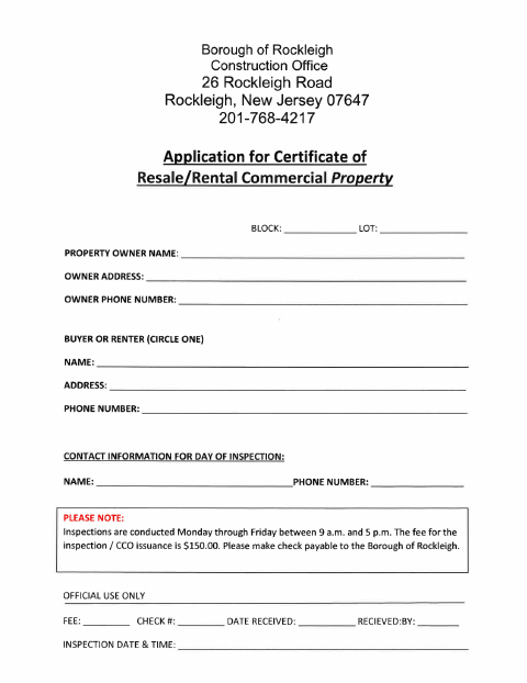 First page of the Application for Certificate of Resale/Rental Commercial Property
