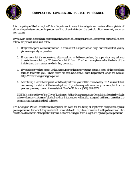 First page of the Complaints Concerning Police Personnel