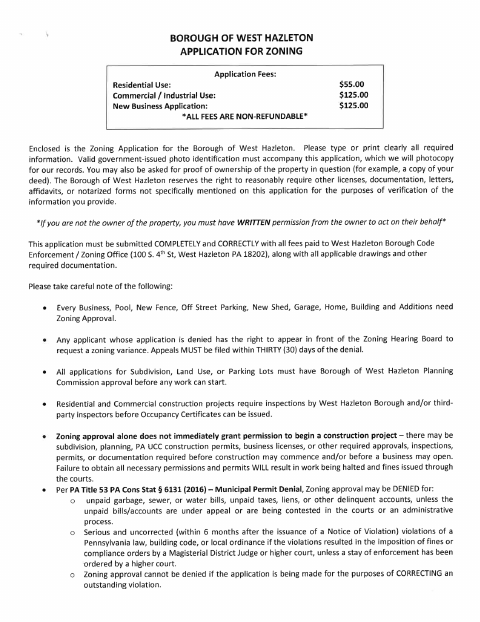 First page of the Zoning Application