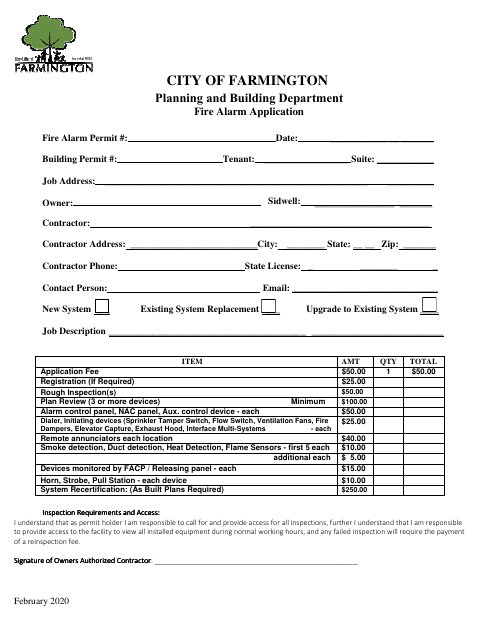 First page of the Fire Alarm Application