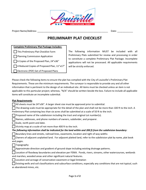 First page of the Preliminary Plat Checklist