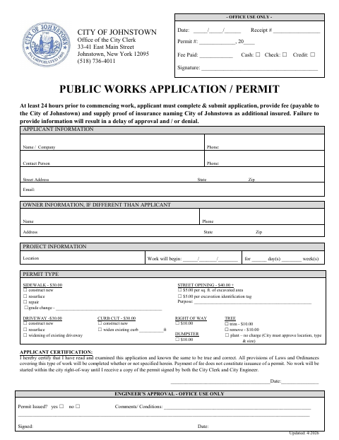 First page of the Public Works Application / Permit