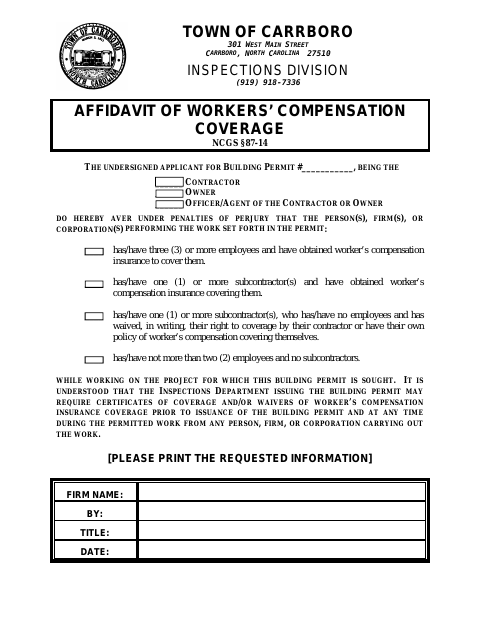 First page of the Affidavit of Workers’ Compensation Coverage
