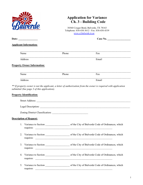 First page of the Building Code Variance Application
