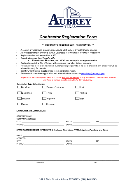 First page of the Contractor Registration Form