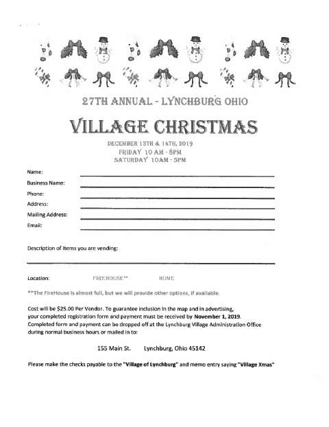 First page of the Village Christmas Vendor Registration