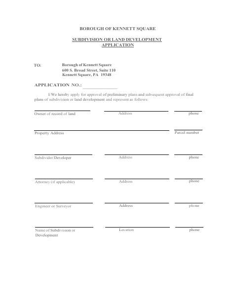 First page of the Subdivision or Land Development Application