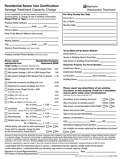 First page of the Residential Sewer Use Certification Sewage Treatment Capacity Charge
