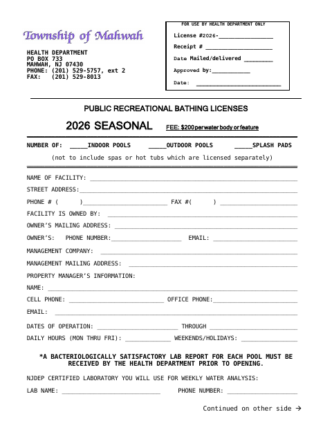 First page of the Public Recreational Bathing Licenses Seasonal
