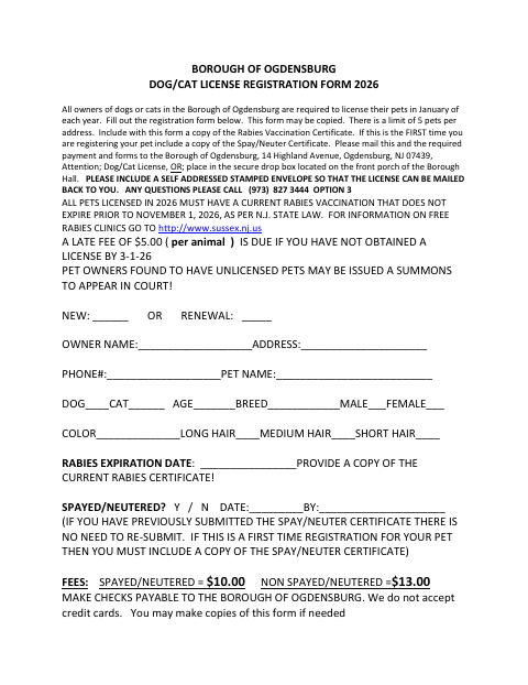 First page of the Dog/Cat License Registration Form
