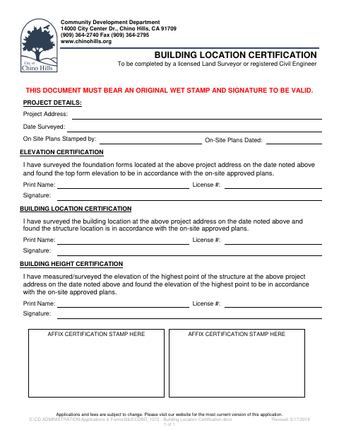 First page of the Building Location Certification