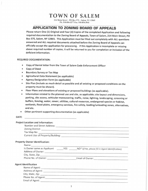 First page of the Zoning Board of Appeals Application