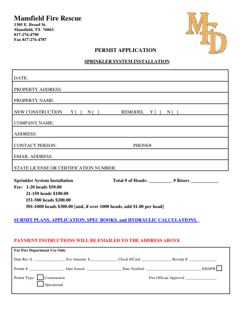 First page of the Sprinkler System Installation Permit Application