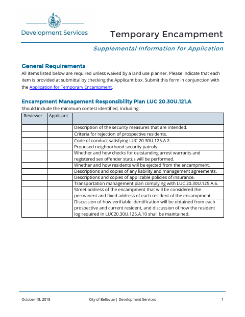 First page of the Temporary Encampment Supplemental Information for Application