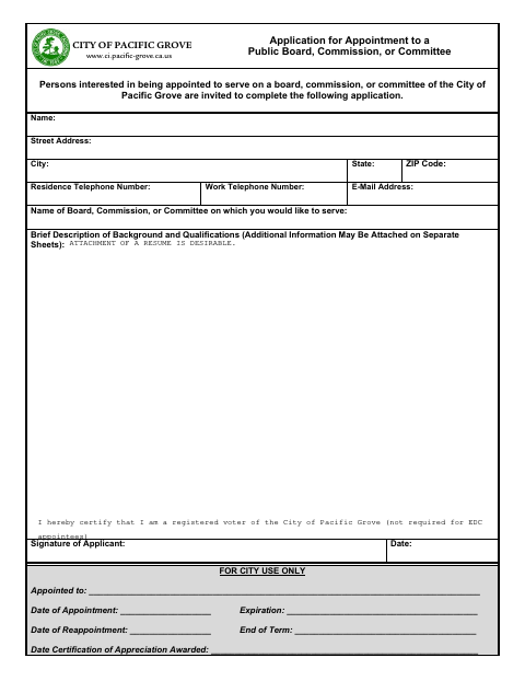 First page of the Application for Appointment to a Public Board, Commission, or Committee