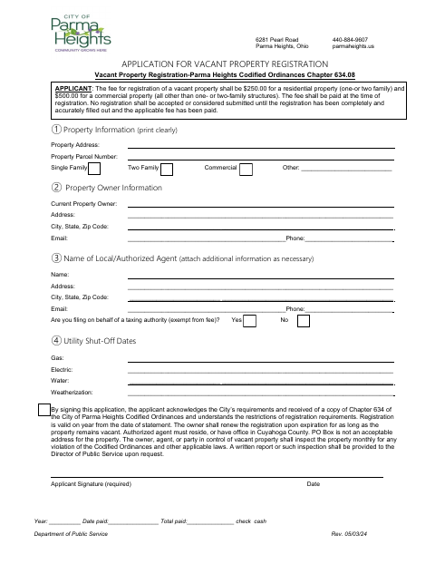 First page of the Application for Vacant Property Registration