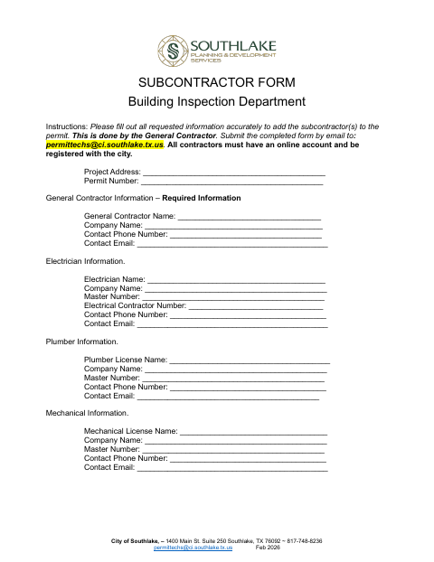 First page of the Subcontractor Form