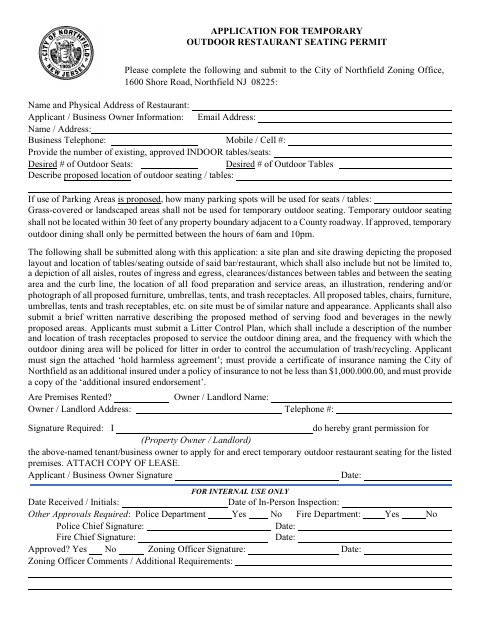 First page of the Application for Temporary Outdoor Restaurant Seating Permit