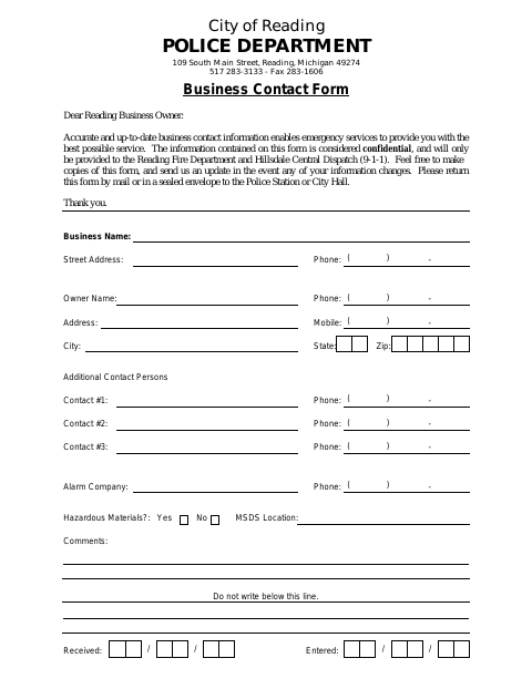First page of the Business Contact Form