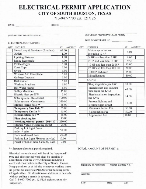 First page of the Electrical Permit Application