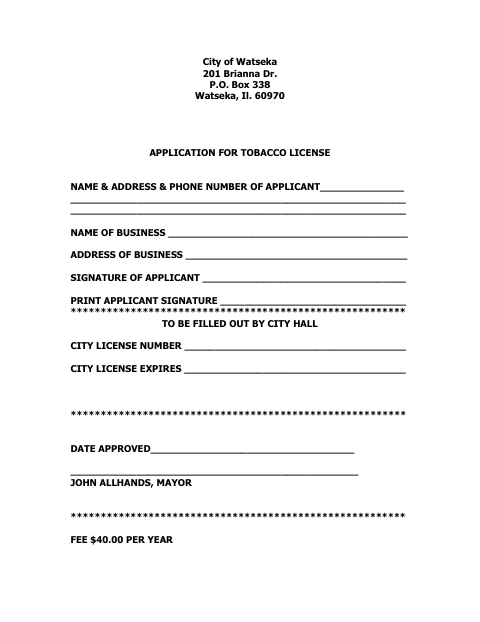 First page of the Application for Tobacco License