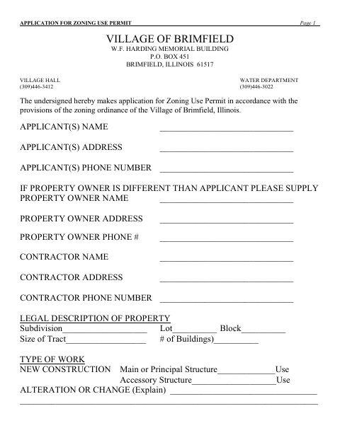 First page of the Application for Zoning Use Permit