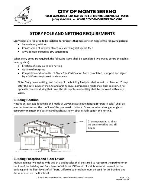 First page of the Story Pole Information and Certification