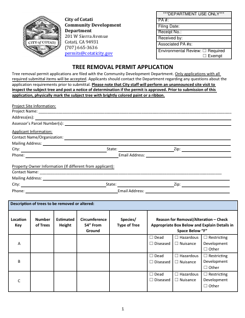 First page of the Tree Removal Permit Application