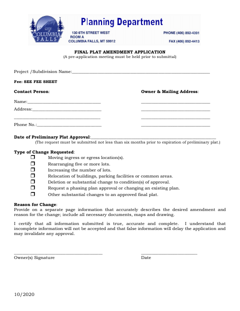 First page of the Final Plat Amendment Application
