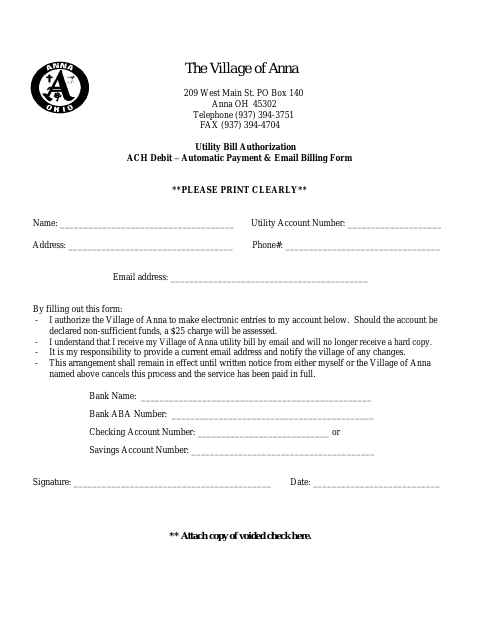 First page of the Utility Bill ACH Debit and Email Billing Authorization