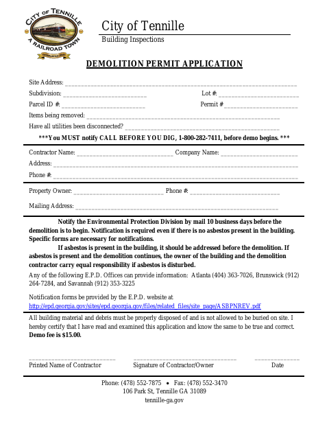First page of the Demolition Permit Application