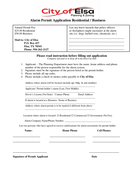 First page of the Alarm Permit Application