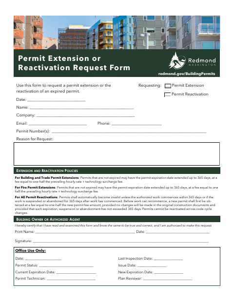 First page of the Permit Extension and Re-Activation Request Form