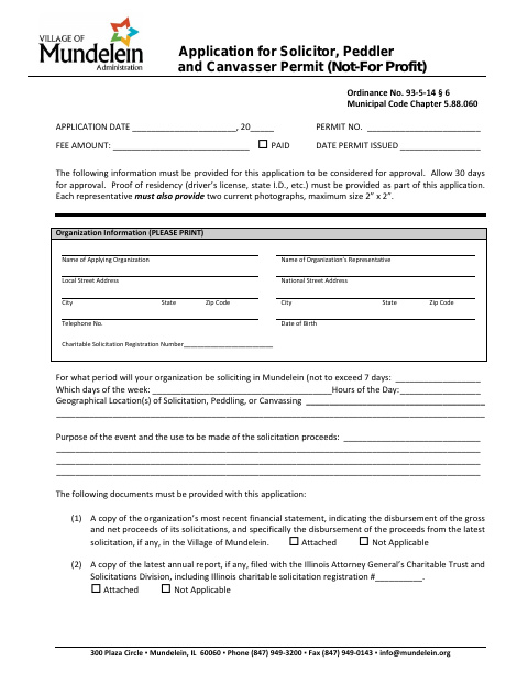First page of the Application for Solicitor, Peddler, and Canvasser Permit (Not-for-Profit)
